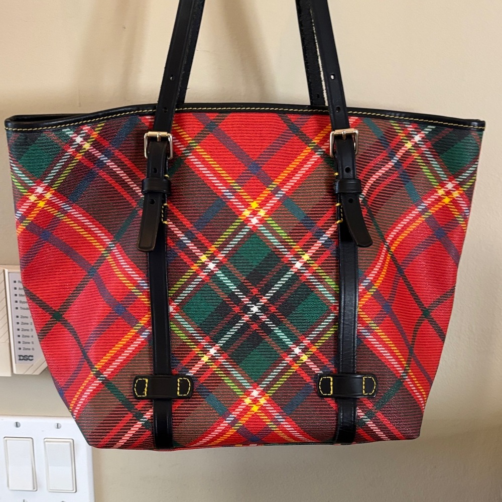 DOONEY & BURKE  Tartan Plaid Tote Bag with Black Trim - Red Multi - Picture 7 of 13